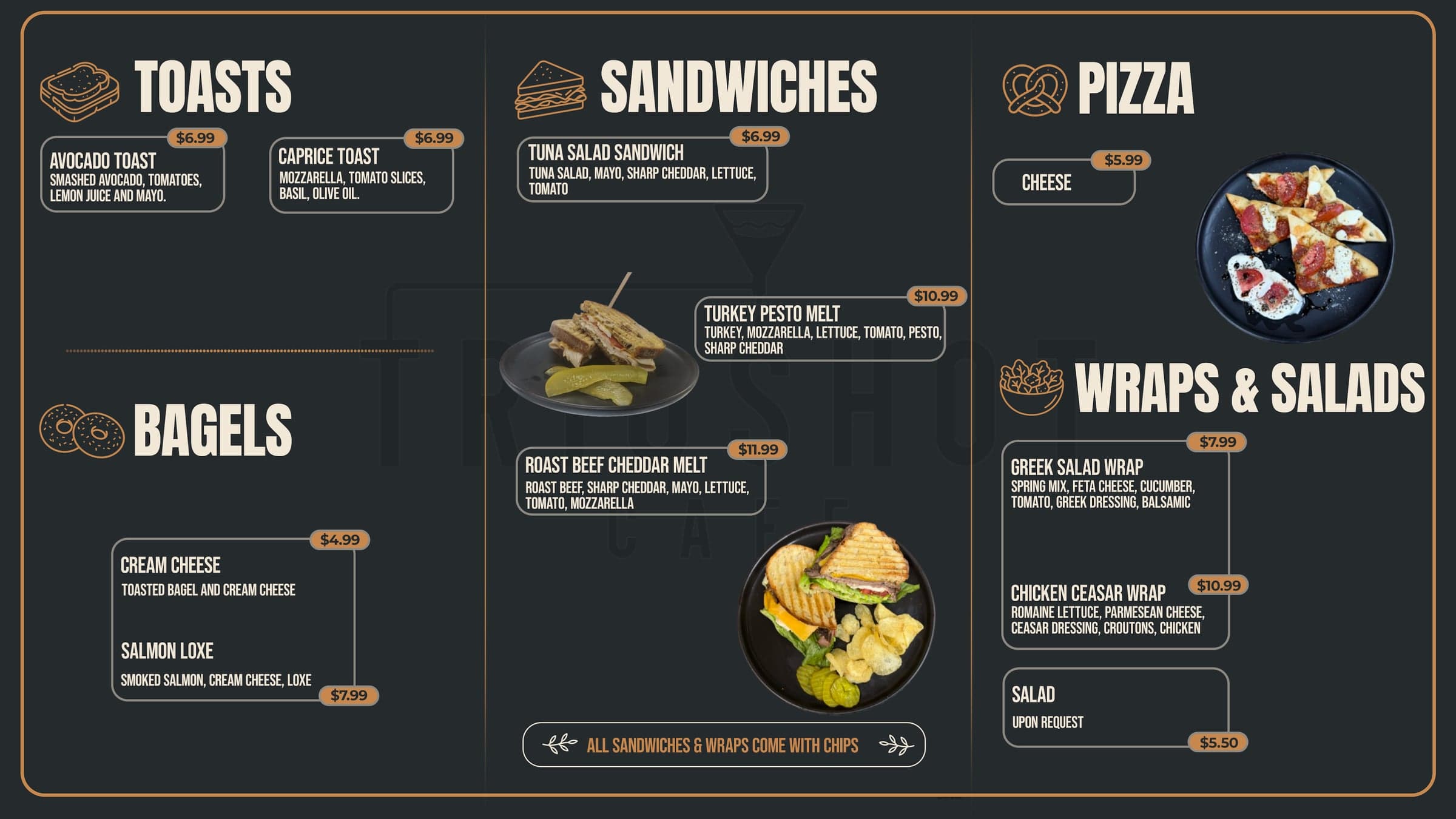 TRIOSHOT CAFE menu board showing toasts, bagels, sandwiches, pizza, wraps, and salads with updated prices