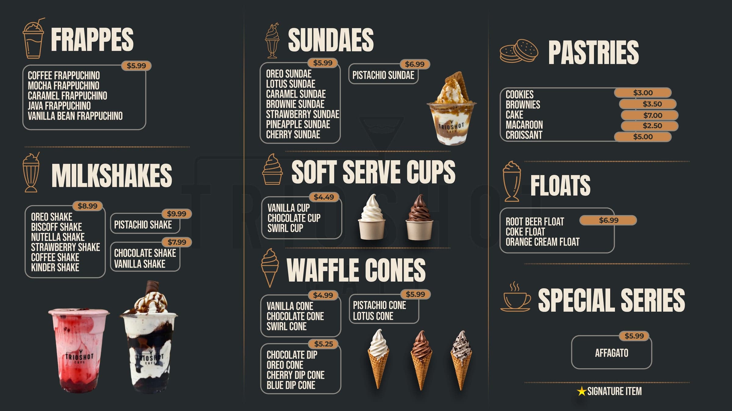 TRIOSHOT CAFE menu board showing frappes, milkshakes, sundaes, soft serve cups, waffle cones, pastries, floats, and special series with updated prices