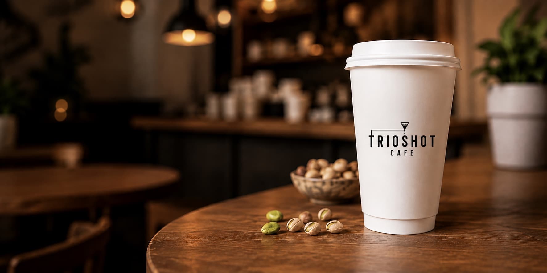 TRIOSHOT CAFE takeaway cup on a warm café table