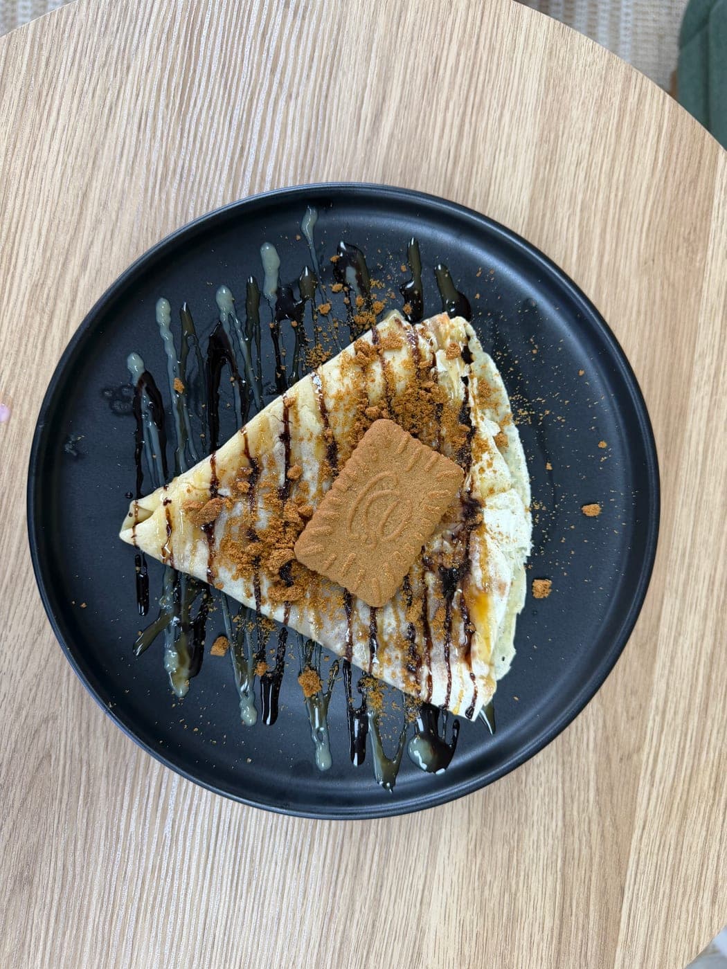 Lotus crepe with Biscoff crumble and white chocolate drizzle